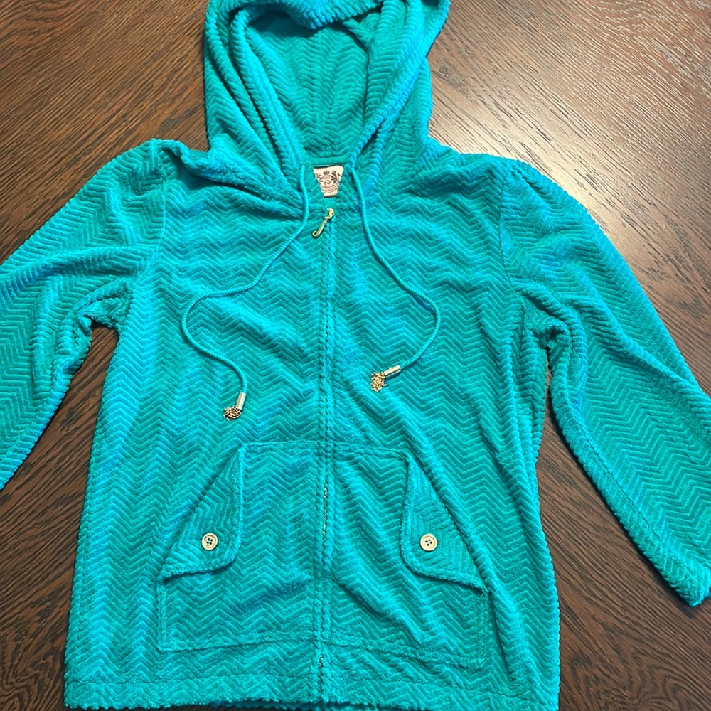 Y2K Juicy Couture Green Terry Chevron Print 3/4 Sleeve Zip Up Hoodie Size Medium